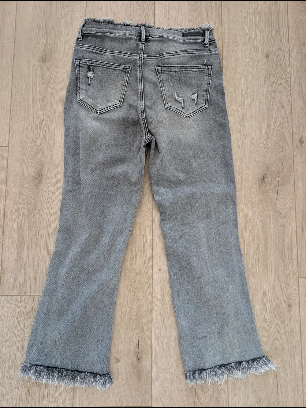 RISEN High Rise Distressed Gray Jeans Frayed Waist Raw Hem Size 29